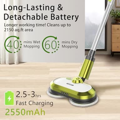Cordless Electric Mop, Electric Spin Mop with LED Headlight and Water Spray, Up to 60 mins Powerful Floor Cleaner with 300ml Water Tank, Polisher for Hardwood, Tile Floors, Quiet Cleaning & Waxing - Image 3