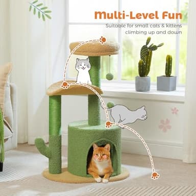 PAWZ Road Cactus Cat Tree Small Cat Tower 32” Cat Scratching Post with Curved Perch, Cozy Cat Condo, Removable Padded Top Bed for Kittens and Indoor Cats-Green - Image 3