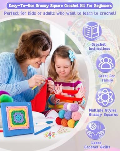 Coopay Crochet Kit Beginners for 6 Types Granny Squares, Starter Knitting Kit with Instructions & 8PCS Yarn, Crochet Start Kit for Adults Learn to Crochet Granny Square Coasters, Table Runners, ect - Image 2