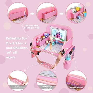 MENZOKE Kids Travel Tray for Toddler Car Seat, Lap Tray for Girl Activities with Dry Erase Board & Cooler Cup Holder, Road Trip Essentials Accessories with No-Drop Large Tablet iPad Holder Stand,Pink - Image 4