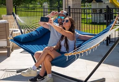 SUPERJARE Curved-Bar Hammock with Stand, 2 Person Heavy Duty Hammock Frame, Detachable Pillow & Portable Carrying Bag, Perfect for Outdoor & Indoor, Navy Blue - Image 3