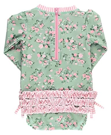 RuffleButts Baby Girls UPF 50+ Sun Protection Floral Printed Long Sleeve One Piece Rash Guard Swimsuit with Zipper - Tea Roses, 6-12m - Image 3