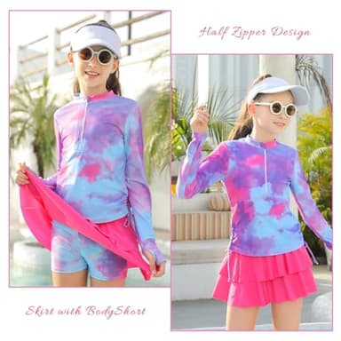 Rash Guard for Little Girls 3-4 Years Old Swimsuit 2 Pieces Tankini Tie Dye Bikini Girls' Pink Swimwear 3t 4t Toddler Girl Rashguard Long Sleeve Beach Suit Stretch Half Zipper Bathing Suits for Kids - Image 2