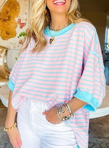 SHEWIN Summer Tops for Women 2025 Short Sleeve Shirts Trendy Loose Crewneck Oversized Tshirts Striped Color Block Cute Top Womens Fashion T Shirt Pink Stripe L - Image 6