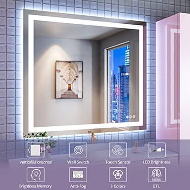 Amorho LED Bathroom Mirror 40''x 36'' with Front Light and Backlit, Stepless Dimmable Wall Mirrors with Anti-Fog, Shatter-Proof, Memory, 3 Colors, Double LED Vanity Mirror (Horizontal/Vertical) - Image 4