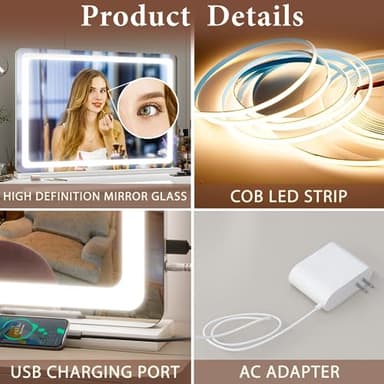 FENNIO Vanity Mirror with Lights 32"x22", Lighted Makeup Mirror, Large Vanity Mirror with Lights, Touch Sensor with 3-Color Lighting, USB Charging Port for Vanity Desk Tabletop - Image 7