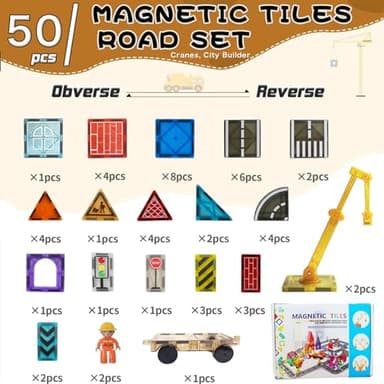 Magnetic Tiles Road Set with Crane for Kids Ages 3-5 4-8 5-7 Preschool City Construction Kids Games Toddler Magnet Building Toys for 3+ Year Old Boys Girls Gifts - Image 5