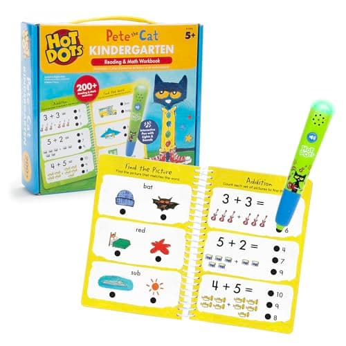 Educational Insights Hot Dots Pete The Cat Kindergarten Reading & Math Workbook - Kindergarten Workbooks with Interactive Pen, Homeschool Learning Books, Build Early Reading & Math Skills, Ages 5+ - Image 1