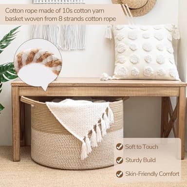 INDRESSME Extra Large Woven Baskets for Storage, 21.7'' x 13.8'' Wicker Basket with Handle for Blankets, Big Laundry Baskets for Clothes, Pillows, Towel, Shoe Basket for Entryway, 90L White Jute - Image 4