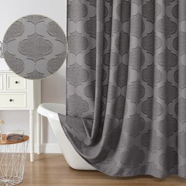 OWENIE Grey Shower Curtain Set, Jacquard Geometric Textured Fabric Boho Shower Curtains for Bathroom, Soft Hotel Style Farmhouse Shower Curtain Grommet Top 12 Hooks, Machine Washable, 72x72, Grey - Image 1