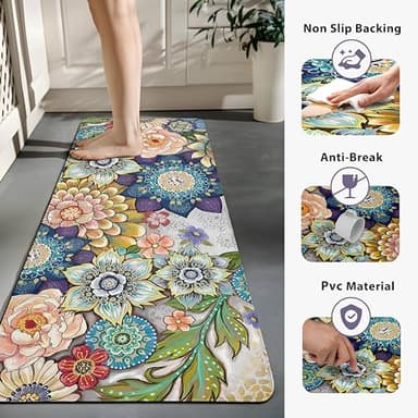 Tubeamin Boho Floral Kitchen Rugs Mats for Floor 2 Piece Memory Foam Padded Kitchen Mats Anti Fatigue Non Slip Cushioned Comfort Standing Mat, 17.3x28+17.3x47 Inch - Image 8