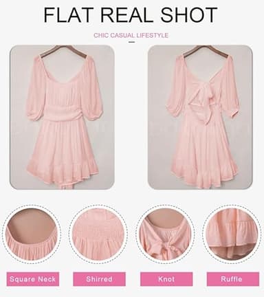 Dokotoo Square Neck Summer Dresses for Women Casual Lantern Sleeve Beach Vacation Clothes for Women Ruffle A-Line Flowy Dress Tie Backless Pink Sexy Dresses Shirred Elastic Waist Sun Dress Small - Image 4