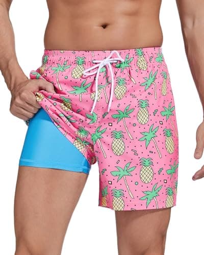 SILKWORLD Mens Swim Trunks with Compression Liner Quick Dry Bathing Suit with Zipper Pockets, Pink Pineapple, Large - Image 1