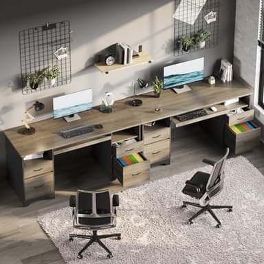 Bestier 59” Computer Desk with 4 Drawers, Office Desk with Storage, Industrial Executive Desk with File Drawer, Keyboard Tray & 2 Pedestals on Both Sides for Home Office & Studio, Grey - Image 9