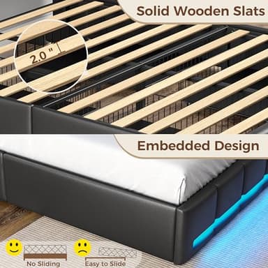 Rolanstar Full Size Bed Frame with LED Lights and Charging Station, PU Leather Bed Storage Headboard & Drawers, Heavy Duty Wood Slats, Easy Assembly, Black - Image 7