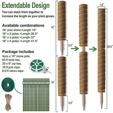 Fabulas Moss Pole 47.5 Inch - Monstera Plant Support, 4 Packs 16 Inch Plant Stakes for Indoor Plants Coco Coir Moss Pole Sticks for Climbing Potted Live Plants, Pothos, Philodendron, with Garden Ties - Image 2