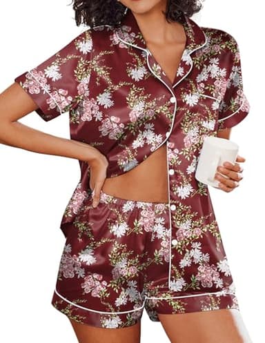 Ekouaer Silk Pajamas Set for Women 2 Piece Short Sleeve Pjs Button Up Satin Top and Shorts Sleepwear Set,Floral Wine,Large - Image 1