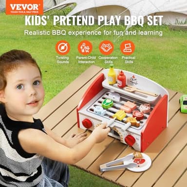 VEVOR Kids BBQ Grill Toy, Wooden Barbecue Kitchen with Realistic Carbon Fire, Wooden Play Food Kitchen Accessory (26 PCS), Indoor/Outdoor Interactive Pretend Play Toys for Boys Girls Ages 3+ Gift - Image 2