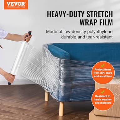 VEVOR Stretch Film, 15 inches x 1000 feet, 60 Gauge Industrial Strength Clear Durable Stretch Wrap Roll, Heavy Duty Shrink Film Stretch Wrap with Handles for Pallet Wrapping Shipping Moving, 3 Pack - Image 2