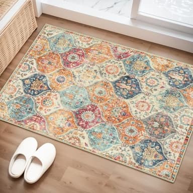 Lahome Moroccan Trellis Washable Rug, 2x3 Kitchen Rugs for Entryway Bathroom, Non-Slip Indoor Door Mat Ultra-Thin, Small Oriental Throw Carpet for Bedroom Entry, Cream/Multi - Image 3