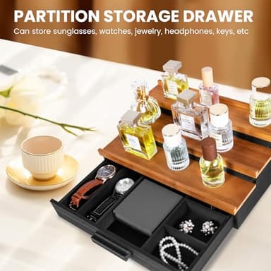 Leekimid Wooden Cologne Organizer for Men, 3 Tier Perfume Organizer Display Shelf with Drawer Storage and Hidden Compartment, Large Capacity Walnut Perfume Holder Great Gift for Man(Black Walnut) - Image 4