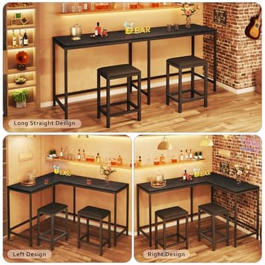 HUAHUU Bar Table and Chairs Set for 2-4, 63'' Convertible L-Shaped Kitchen Table with Power Outlets, 3 Piece Counter Height Small Dining Table with 2 Stools, Space Saving, Breakfast Nook Corner, Black - Image 3