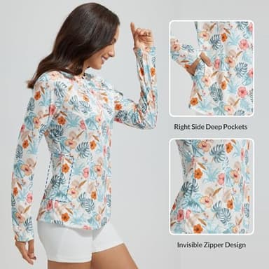 baleaf Swim Shirts for Women Long Sleeve Rash Guard Quarter Zip Sun Shirts UV Protection Bathing Suit Top with Zipper Pockets White Floral S - Image 2