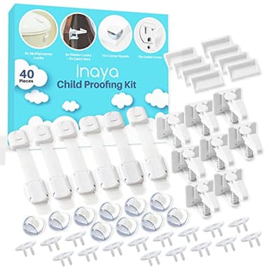 Inaya Complete Baby Proofing Kit - Child Safety Hidden Locks for Cabinets & Drawers, Adjustable Safety Latches, Corner Guards and Outlet Covers - Baby Proof Pack to Keep Your Child Safe at Home - Image 1