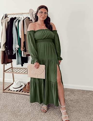 ZESICA Women's 2025 Boho Sexy Off Shoulder Long Sleeve Smocked High Waist Side Split Flowy A Line Tiered Long Maxi Dress,Olive,Medium - Image 5