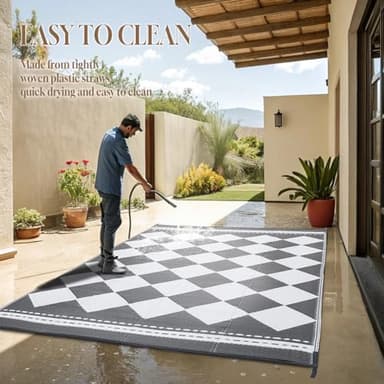 OMERAI Reversible Waterproof Outdoor Rug for Backyard,Plastic Textured Resistant Outdoors Rugs,Portable Washable Easy Cleaning Foldable Camping Beach Carpet for Patio Courtyard, 5'x8' Gray & White - Image 5