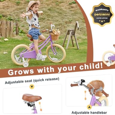 Petimini 16 Inch Little Kids Bike for Age 4 5 6 7 Years Old Girls Retro Vintage Style Bicycles with Basket Training Wheels and Bell, Purple - Image 4