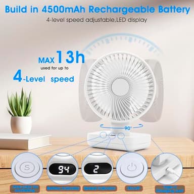 Digibond Oscillating Table Fan Small Oscillating Fan for Bedroom/Indoor/Outdoor Ultra Quiet Mini Desk Fan Auto 90° Rotated 4 Speeds 5in Wall Mounted Cordless Portable Rechargeable (White) - Image 3