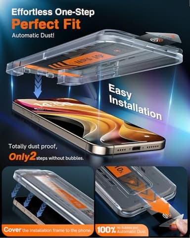 LK 2 Pack for iPhone 17/17 Pro / 16 Pro Screen Protector Tempered Glass, Military Grade Shatterproof [Auto Dust-Elimination, 0 Dust & Bubbles] Anti-Scratch, Max Coverge Screen Protector - Image 3
