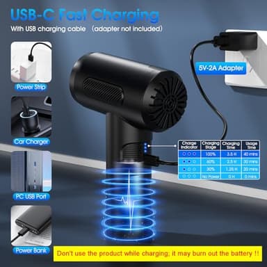 Compressed Air Duster, 100000RPM Handheld Car Vacuum/Air Blower& Pump, 3 Gear Adjustable Electric Air Duster/Car Vacuum Cleaner, Keyboard Duster with LED Light-10 Kits Air Blower for Computer(Black) - Image 7