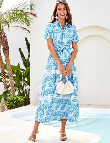 GRACE KARIN Women's 2025 Summer Floral Flowy Dresses Boho Tie Belt Short Puff Sleeve A Line Maxi Shirt Dress with Pocket White Blue Large - Image 6