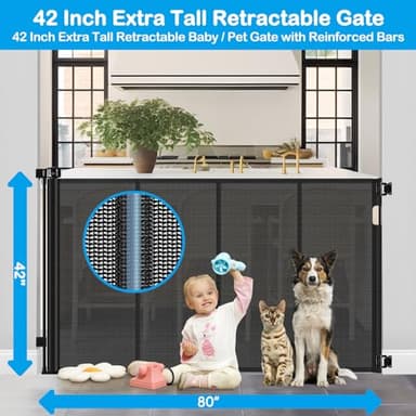 Reinforced 42" Tall X 80" Wide Retractable Dog Gate for Hallway Extra Tall Baby Gates for Dogs Indoor High Reinforced Bar Retractable Baby Gates for Doorways Extra Wide Pet Gate Outdoor, Black - Image 2