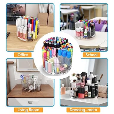 Mefirt Acrylic Pen Holder, 360 Degree Rotating Pen Organizer, Rotating Desk Acrylic Office Organizer with 6 Compartments, Marker Organizer for Kid, Crayon Caddy School Art Supply Storage Organizer - Image 4