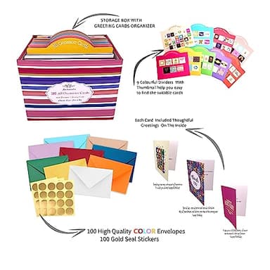 Janvale 100 All Occasion Cards Assortment Box with Color Envelopes，All Occasion Cards Set with Greeting Inside, Large 5 x 7 inch Cards with Stickers and Dividers - Image 2