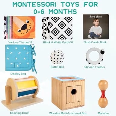 WOODMAM Montessori Toys for Babies 0-6 Months, 9 in 1 Learning Educational Sensory Toys for Newborn 0-3-6 Months, Includes High Contrast Cards, Baby Tissue Box Toy, Spinning Drum, Teether and More - Image 2