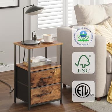 TUTOTAK End Table with Charging Station, Side Table with 2 USB Ports and Outlets, Nightstand with Cloth Drawer, Set of 2, Couch Table, Brown TB01BB052 - Image 7