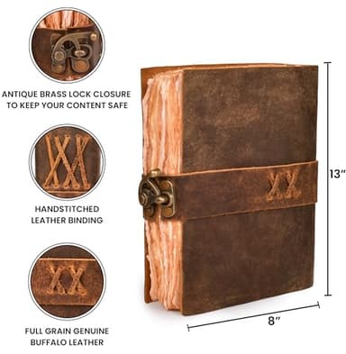 LEATHER VILLAGE Leather Bound Vintage Journal for Women & Men - Book of Shadows - Lock Closure - 200 Pages of Antique Deckle Edges Handmade Paper - Rustic Brown Color - 13 X 8 (A4) inches - Image 4