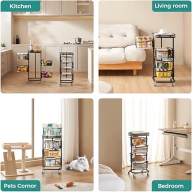 Ocyfym 4 Tier Kitchen Fruit Vegetable Storage Cart with One-Piece Rotating Basket, Pantry Organizer Shelf Rack Floor Stand for Veggie Onion Potato Produce Spice, Rolling Snack Cart on Wheels, Black - Image 8