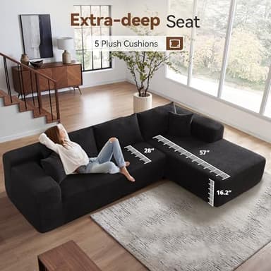 CAODOC 104" Cloud Sectional Couch with Comfy Chaise, Boneless L Shape Sofa with Deep Seat, Minimalist Modular Couches Sleeper for Living Room Bedroom Apartment Lounge,Black - Image 4