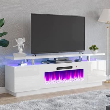 AMERLIFE Fireplace TV Stand with 36" Fireplace, 70" Modern High Gloss Fireplace Entertainment Center LED Lights, 2 Tier TV Console Cabinet for TVs Up to 80", White & White - Image 1