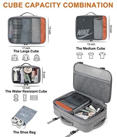 Lumesner Carry on Travel Backpacks, Extra Large 40L Flight Approved for Men & Women,Expandable Suitcase backpack (Grey (Backpack With 4 Packing Cubes)) - Image 3
