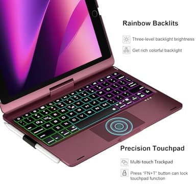 BABG Keyboard Case for iPad 9th Generation, 360° Rotatable Backlit Keyboard with Pencil Holder for 10.2 inch iPad 9th Gen 2021/ 8th Gen 2020/ 7th Gen 2019 and iPad Air 3 / Pro 10.5" - Raspberry - Image 5