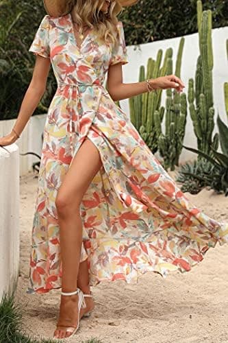 PRETTYGARDEN Women's Boho Floral Maxi Dress Summer Short Sleeve Wrap V Neck Long Flowy Beach Vacation Wedding Guest Dresses - Image 4