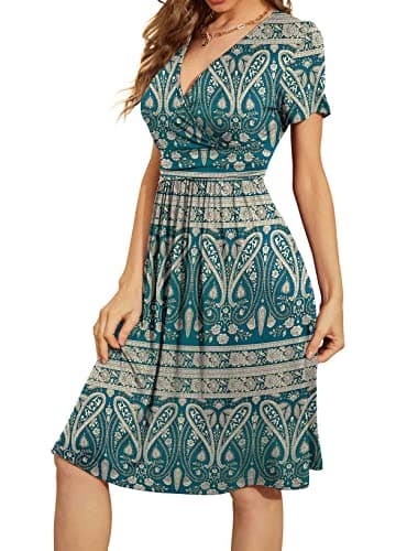 WEACZZY Sundresses for Women Casual Floral Summer Dress Short Sleeve Paisley Print Sun Dress V-Neck Swing Flowy Dresses with Pockets, Blue Khaki,XL - Image 2