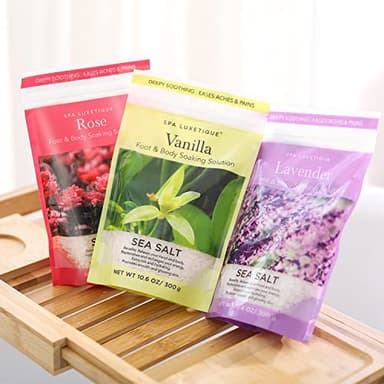 spa luxetique Bath Salts Gift Set 6-Pack, Foot and Body Sea Salts for Soaking, Wooden Scooper, 0.5oz Argan Oil, Bath Salts for Women Relaxing, Mother's Day Gifts for Mom - Image 6