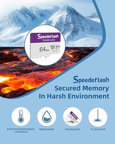 Micro SDXC Memory Card 64GB 2 Pack, Speederlash Camera Plus TF Card with Adapter, Up to 90MB/s Read Speed, 4K UHD&5K Video Support, U1 V30 A1 Rated, Waterproof, for Security Camera, Dashcam, Drones - Image 2